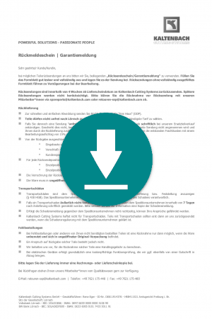Rückmeldeschein | Garantiemeldung an Kaltenbach Cutting Systems