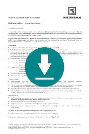 Rückmeldeschein | Garantiemeldung an Kaltenbach GmbH + Co. KG
