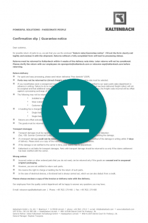 Confirmation slip | Guarantee notice to Kaltenbach GmbH + Co. KG
