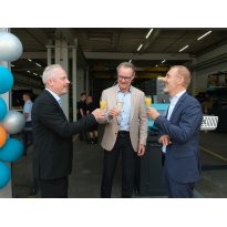 Managing Director Rene Eger, Lörrach's Mayor Jörg Lutz and Stephan Toxopeus, CEO KALTENBACH Group, toast the opening.
